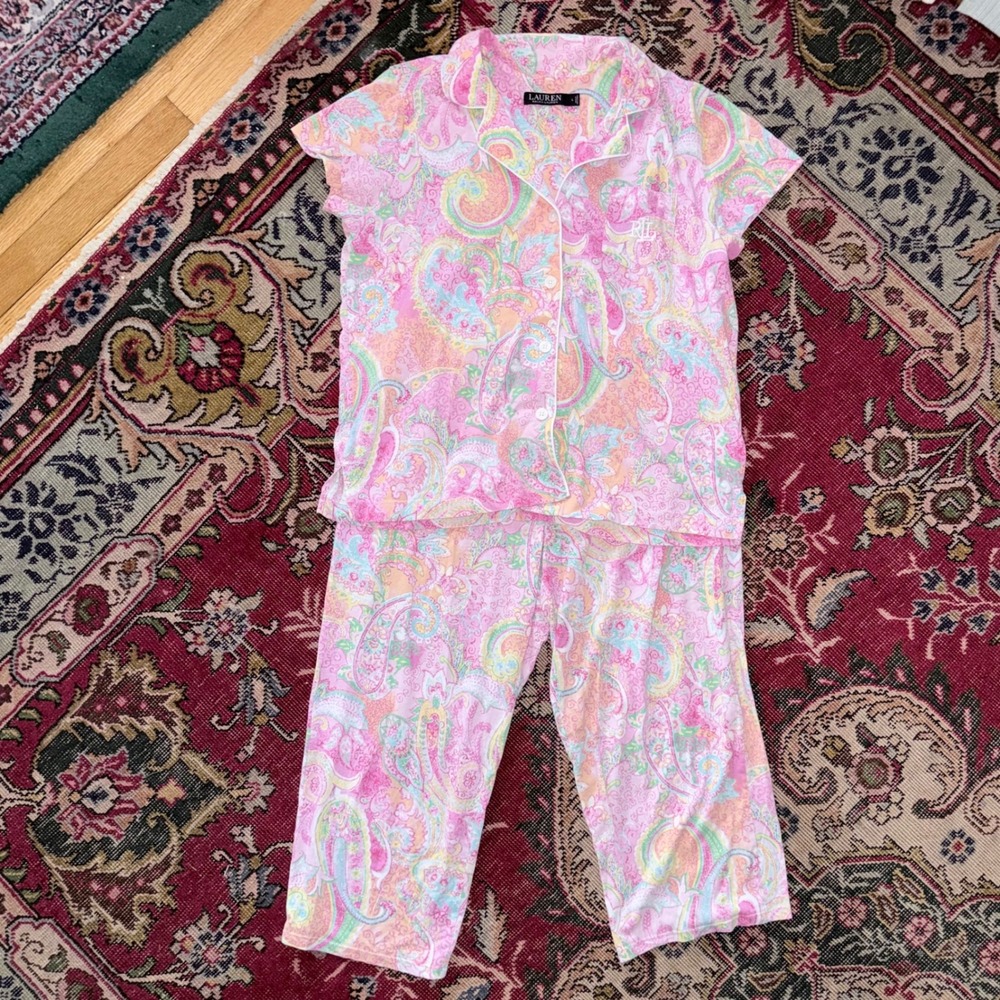 Lauren Ralph Lauren Pajama Set Womens Large Pink Paisley Short Sleeve Excellent